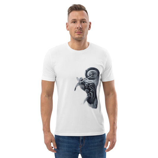 Weißes T-Shirt aus Bio-Baumwolle mit Motorrad auf der linken Seite
