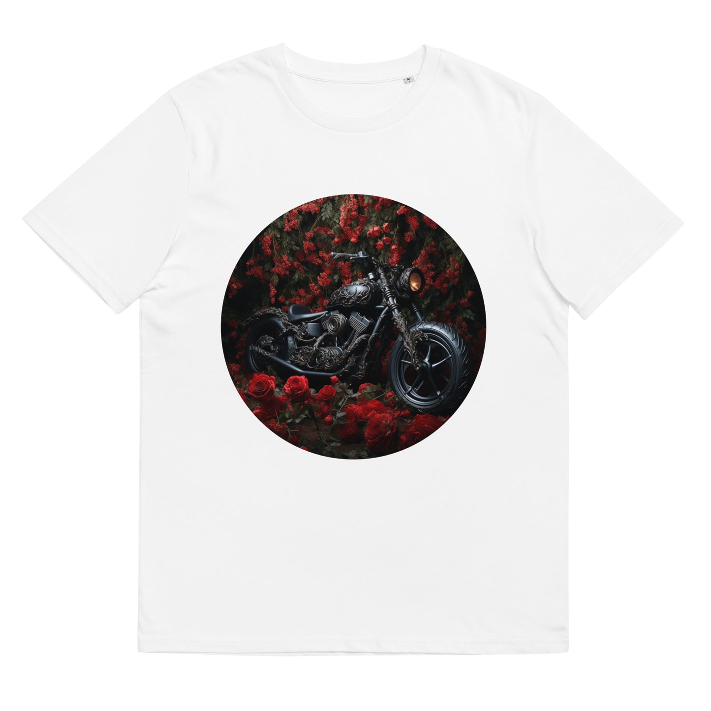 Weißes T-Shirt aus Bio-Baumwolle mit Rosen und Motorrad